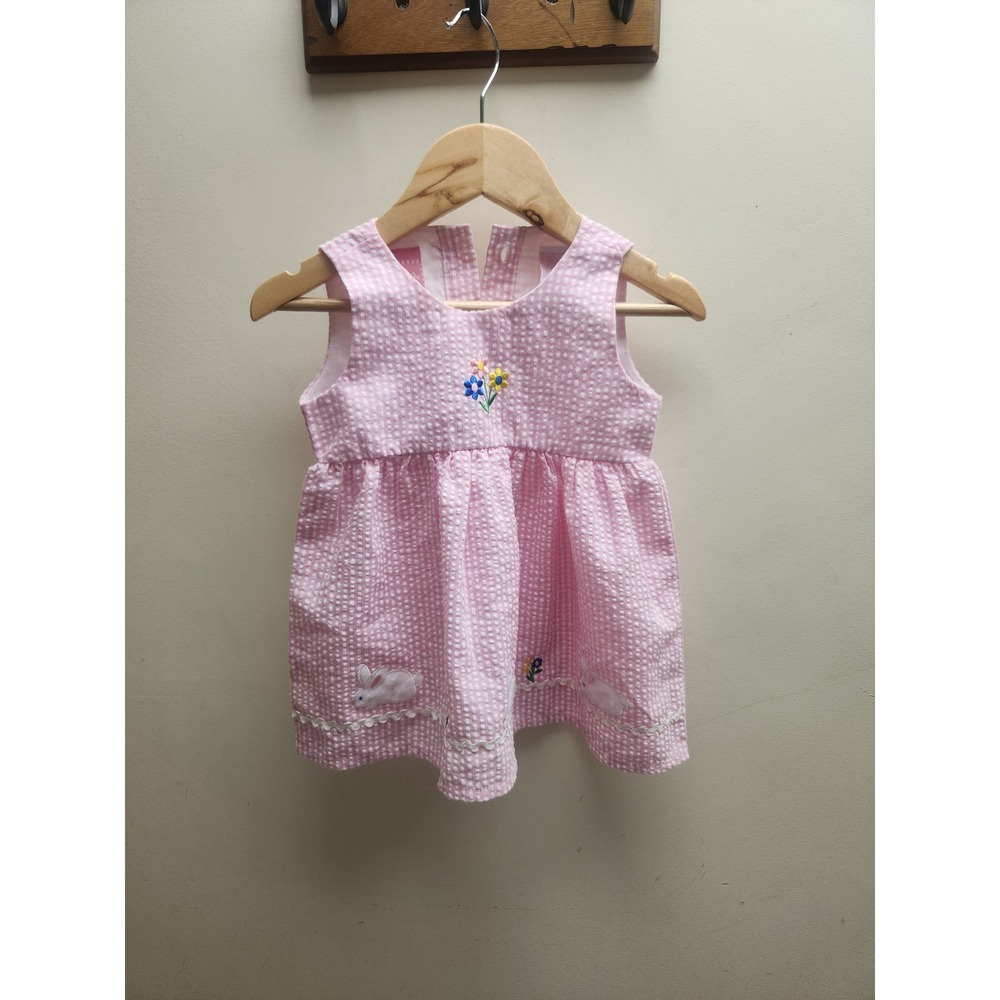 Ellemenno Pink Seersucker Bunny Floral Embroidered‎ Dress 18M Easter sleeveless